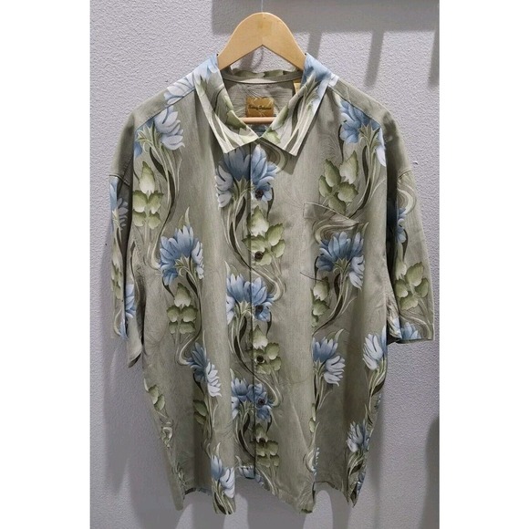 Tommy Bahama Hawaiian Shirt Mens 2XL Green‎ Blue Floral Button Up Silk Mens - Picture 2 of 9